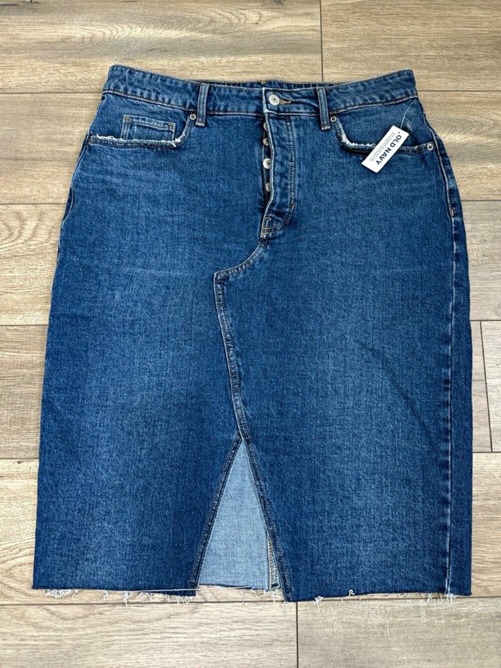 Old Navy Women’s Size 12 High Rise Denim Midi Skirt Blue Front Slit Raw Hem